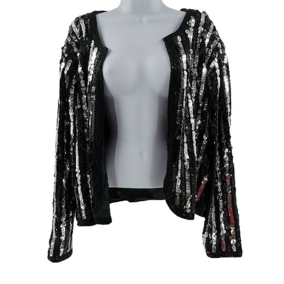 Vintage Striped Wool Cardigan with Hand Embellished in Black & Silver Beads/Sequ - Picture 2 of 3